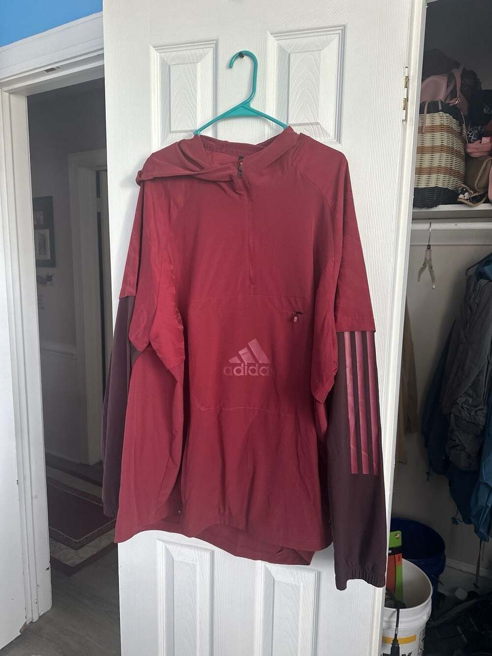Adidas ID Woven Shell Hooded Anorak Jacket Maroon Burgundy Colorblock Half Zip